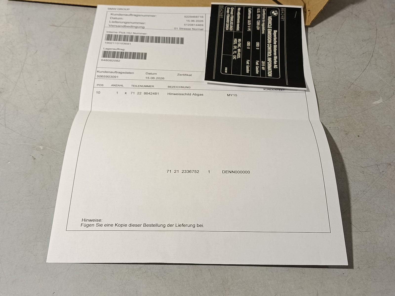 BMW Label "Exhaust emission" 71228642481