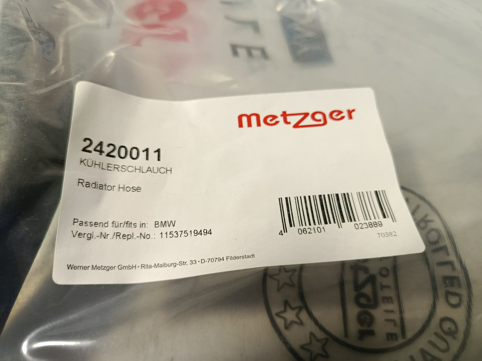 BMW e92 325i Hose, cooler for engine oil 11537519494 METZGER 2420011