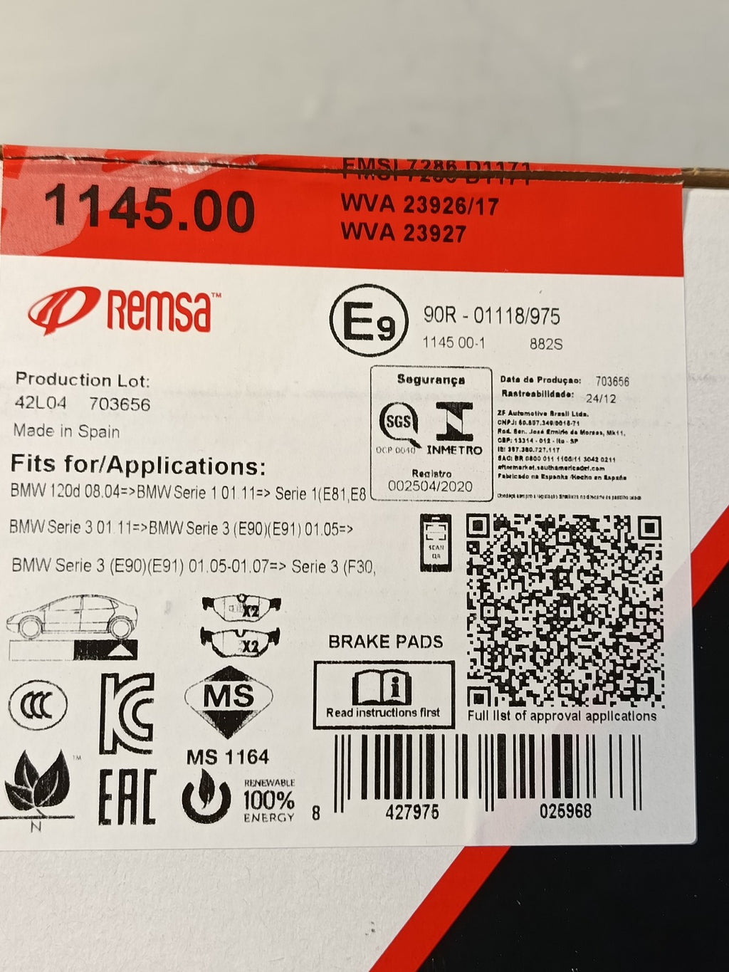 BMW e92 325i brake pads 34216774692 REMSA 1145.00
